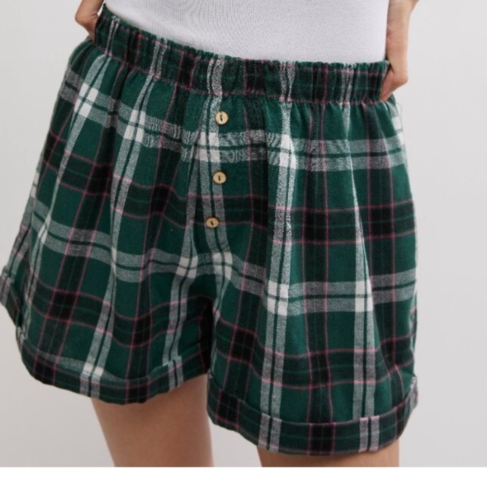 Free People Green Plaid Button-Front Shorts - Picture 1 of 5